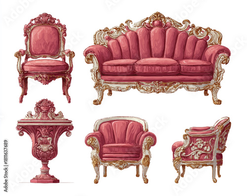 Luxurious Rococo Furniture Set with Elaborate Carvings and Pink Upholstery