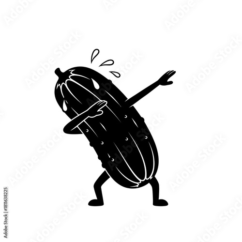 Playful black silhouette vector pickle character dabbing with sweat drops celebrating a funny moment isolated on white background