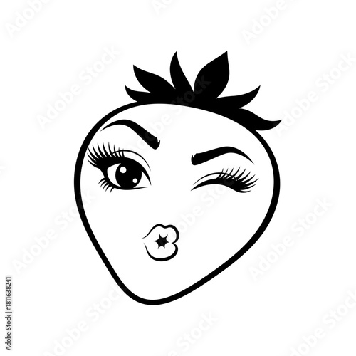 Strawberry winking face vector silhouette with expressive winking eye and kissy lips isolated on white background