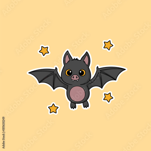 Cute cartoon flying bat with stars illustration. Adorable Halloween character on light yellow background.