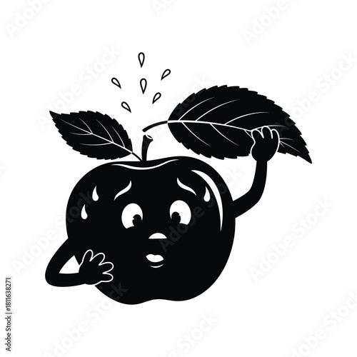 Worried apple character vector silhouette sweating with leaves on stem looking distressed isolated on white background