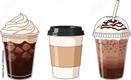 Minimalist Vector Illustration Set of Cold Coffee Drinks, Featuring Iced Latte with Cream, Disposable Takeaway Cup, and Blended Frappuccino with Chocolate Drizzle.