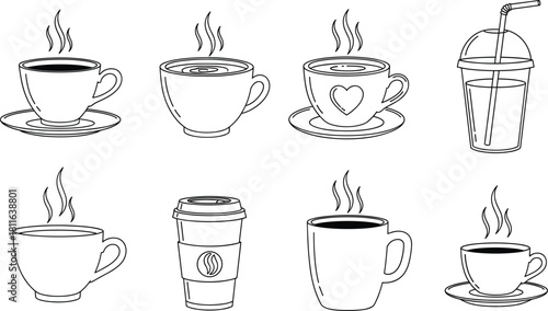 Assorted Coffee and Tea Cup Line Icons Vector Set, Including Espresso, Latte, Mugs, and Cold Brew Tumbler, Ideal for Cafe Menu Design and Web Graphics.