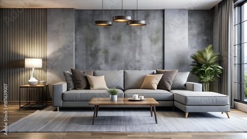 Living room features a gray sofa, wood accents, and plenty of natural