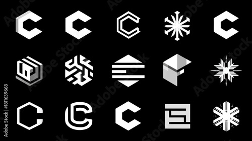Modern geometric logo collection with abstract hexagonal shapes and creative symbols on a black background, design elements