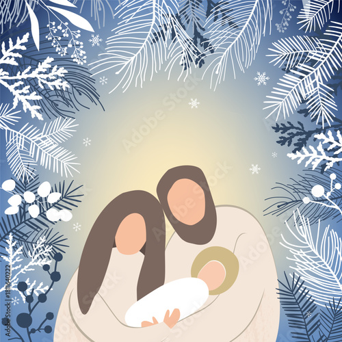 Christmas nativity scene of baby Jesus, Mary and Joseph under frosty forest branches. Hand drawn stylized bible illustration clipart isolated. Cartoon vector illustration in Scandinavian style.