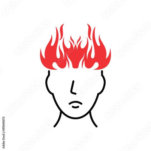 anger icon like man with fire inside mind. concept of person out of control and irritability. flat simple linear style trend modern angry logotype graphic design element isolated on white background