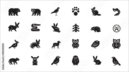 Collection of wildlife animal silhouettes. Vector icons featuring forest fauna like bears, rabbits, birds, and snakes for nature designs.