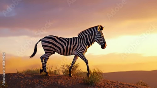 Zebra standing on a hill with grass at sunset in the african savanna landscape scene view zebra video