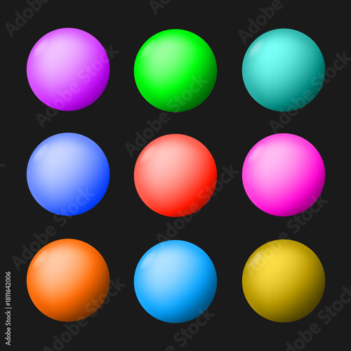 Nine magical multi-colored bright balls on a black background vector object set magic ball