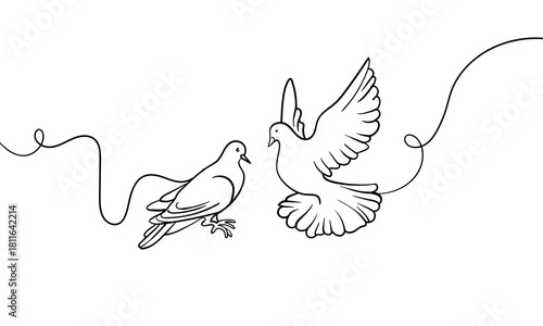 Two pigeons flying, continious line drawing. Wedding birds outline. Vector illustration