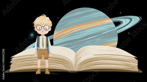 Curious young boy with glasses standing by an open book, with a ringed planet and stars in the background. Concept of education, imagination, and space exploration.