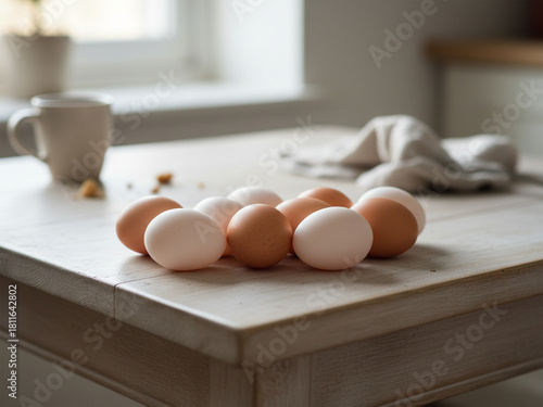 Set of Ten Fresh Eggs on Rustic Kitchen Background