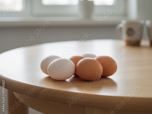 Set of Ten Fresh Eggs on Rustic Kitchen Background