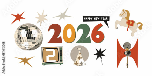 Retro style happy new year 2026 celebration illustration