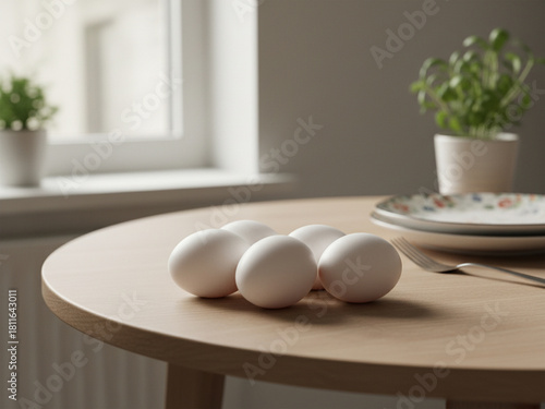 Set of Ten Fresh Eggs on Rustic Kitchen Background