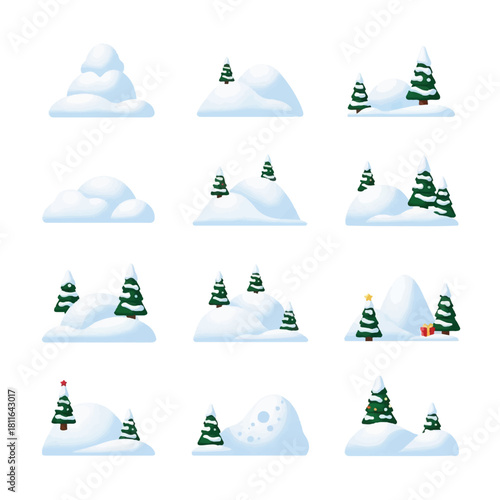 Collection of cartoon snowdrifts and snow-covered hills with fir trees.