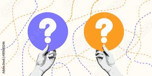 Hands holding question marks on colorful circles with dotted background