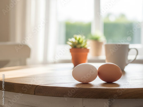Set of Ten Fresh Eggs on Rustic Kitchen Background