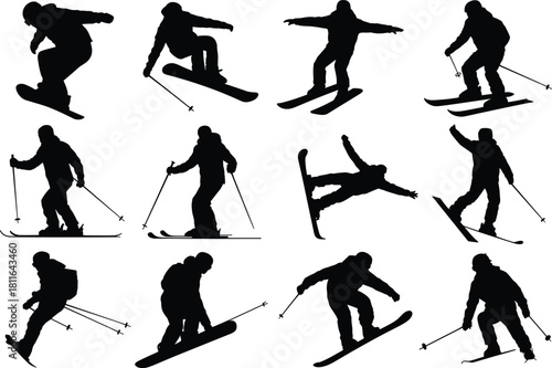 Set of black vector silhouettes featuring men skiing and snowboarding, performing extreme winter sport jumps and tricks, isolated illustrations for graphic design, active lifestyle