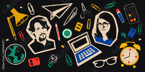 Diverse faces and office supplies pattern on black background