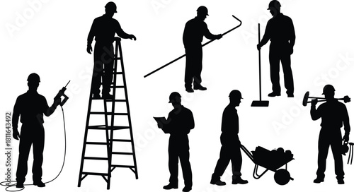 Set of black silhouettes showing construction workers performing various tasks, including drilling, climbing ladders, and pushing wheelbarrows, isolated on white background for industry projects.