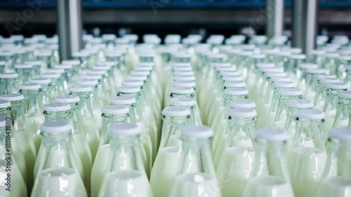 Milk bottles on dairy factory production line, industrial food processing concept. Fresh pasteurized milk in glass bottles arranged in rows, automated manufacturing plant, hygienic packaging system, b