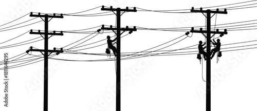 Silhouette vector illustration of electric power linesmen climbing wooden poles to repair high voltage cables during maintenance work on white background for energy industry.