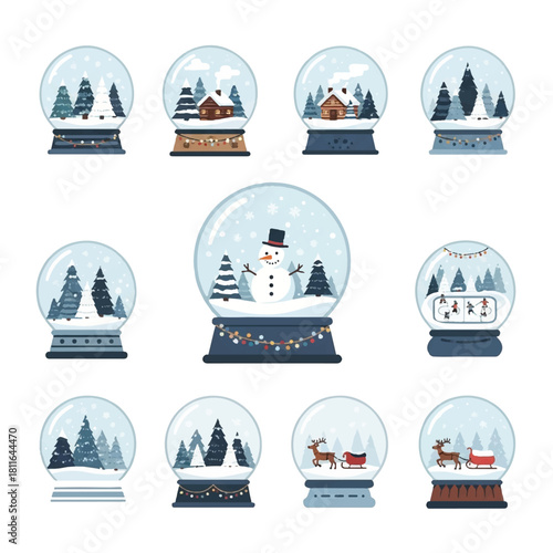 Collection of Festive Snow Globes with Winter Scenes.