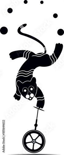 Cute tiger, lion, balances on unicycle and juggles balls