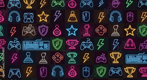 Neon game icons background pattern design for esports team and gaming community