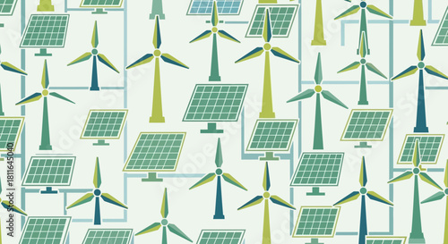 Renewable energy seamless pattern featuring solar panels and wind turbines illustrating