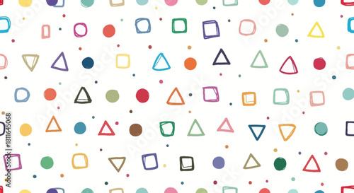 Seamless abstract pattern featuring colorful hand-drawn geometric shapes on white background