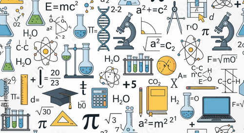 Science and Education themed seamless pattern featuring scientific elements icons formulas