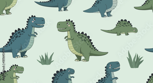 Seamless pattern with cute cartoon dinosaurs in blue and green pastel colors suitable for children
