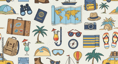 Seamless travel pattern featuring vacation essentials and tropical island elements in doodle style