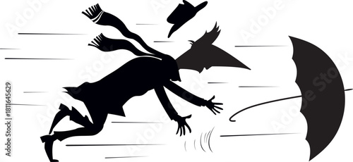 Rainy and windy day. Man. Umbrella