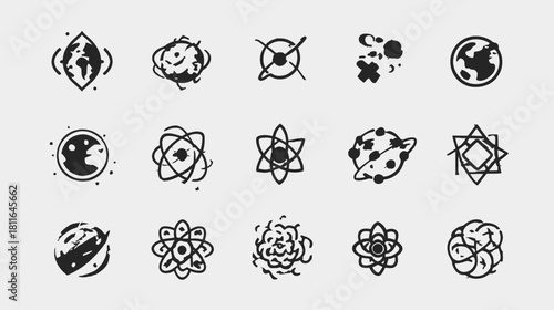 Hand-drawn space and science icons set. Doodle celestial bodies, planets, and atomic structures vector illustration.