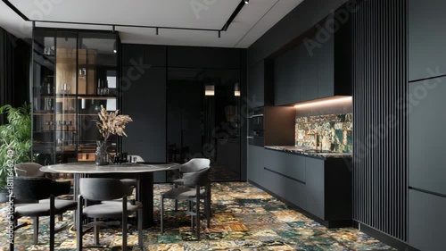 Modern dining area with stylish decor and creative flooring featuring plants and ample natural light