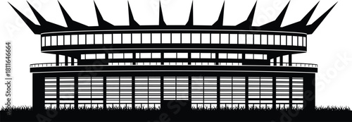 Vector illustration of modern sports stadium silhouette, black architecture building icon with spiky roof, soccer arena design, cricket ground, isolated graphic for logo background.