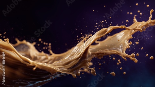 coffee-coloured gradient rich-textured bright liquid of coffee epic flowing and splash smoothly and epicly ,against deep black background 