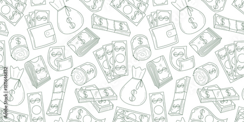 Hand drawn dollar bills seamless pattern. White background with curled bills, folded banknotes and wallet with money, in doodle style. Cash finance, print, vector graphics