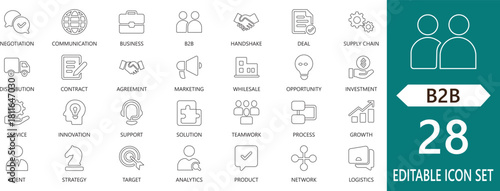 Minimal B2B outline icon set featuring partnerships, workflow, strategy, services, communication, and business cooperation elements.