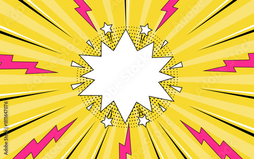Comic pop art background with speech bubble. Comic book background with thunder and lightning in halftone style.