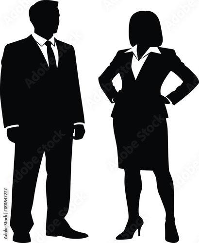 Professional business man and woman silhouettes standing confidently in formal corporate attire, symbolizing leadership, partnership, success, and the modern diverse global workforce.