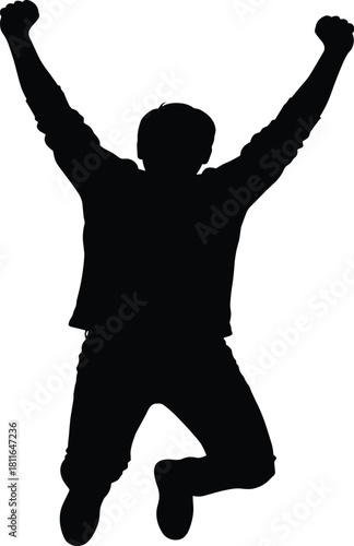 Title: Dynamic silhouette of a jubilant and successful man jumping high in the air with fists raised in a triumphant pose, celebrating achievement, freedom, and pure energy against a white background.