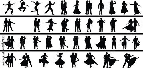 Silhouettes of diverse couples dancing, posing, and celebrating in various joyful and romantic positions, symbolizing partnership, 