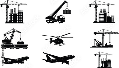 Vector silhouette set of heavy construction cranes, industrial buildings, truck loaders, cargo shipping port, flying helicopters, and commercial airplanes 