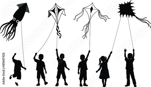 Silhouettes of happy young children and kids outside playing and flying diverse, decorative kites including a large squid kite, symbolizing freedom, imagination, fun, and childhood outdoor games.