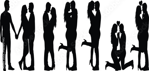 Silhouettes of loving couples in various passionate poses, including kissing, embracing, holding hands, and a marriage proposal, symbolizing romance, 